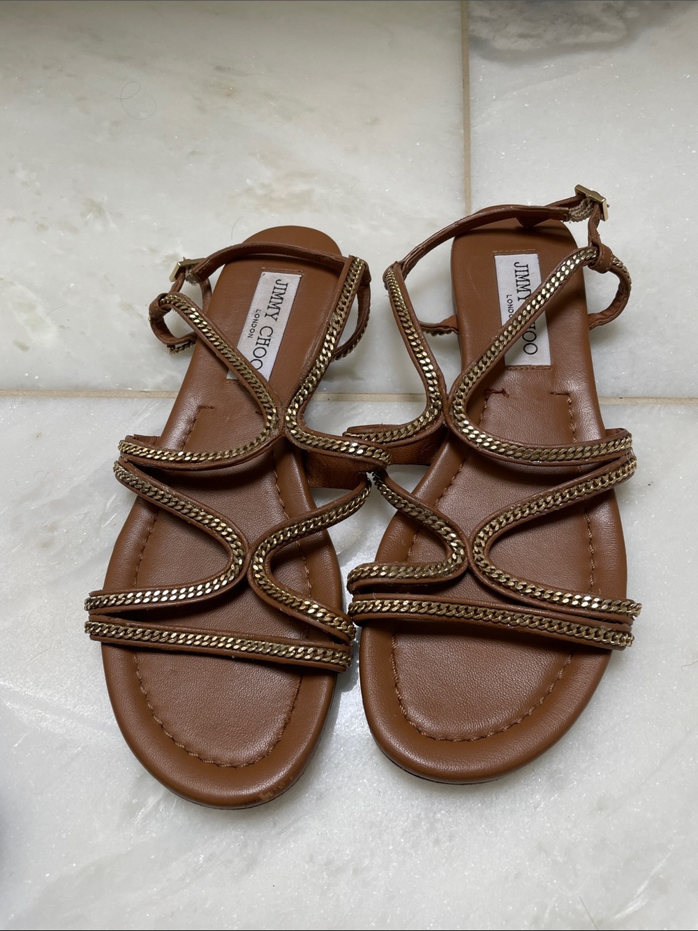 Jimmy Choo Tan Leather Sandals with Gold Braided Trim